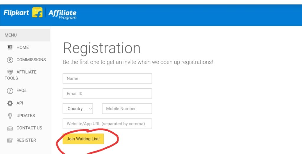 Flipkart Affiliate registration form